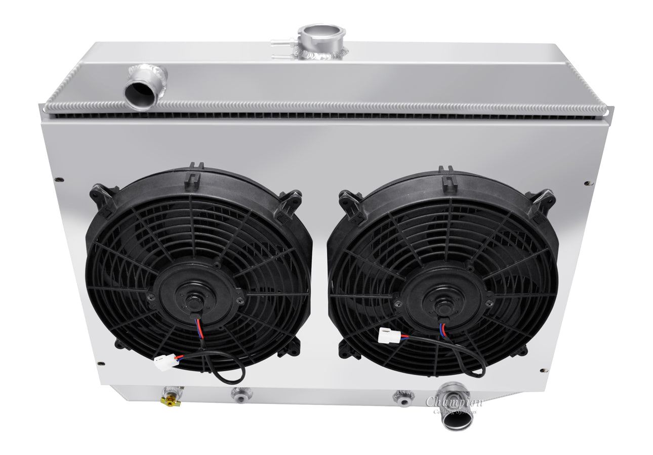 1968-1974 Plymouth Roadrunner 4-Row 26in Core Radiator, Shroud, 12in Dual Fan Combo - Pass Outlet - Champion Radiator
