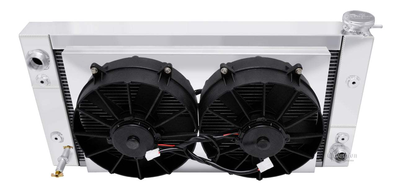 1955-1957 Chevy 210 V8 Triple Pass 2-Row Radiator, Shroud, Dual Fan Combo - Champion Radiator