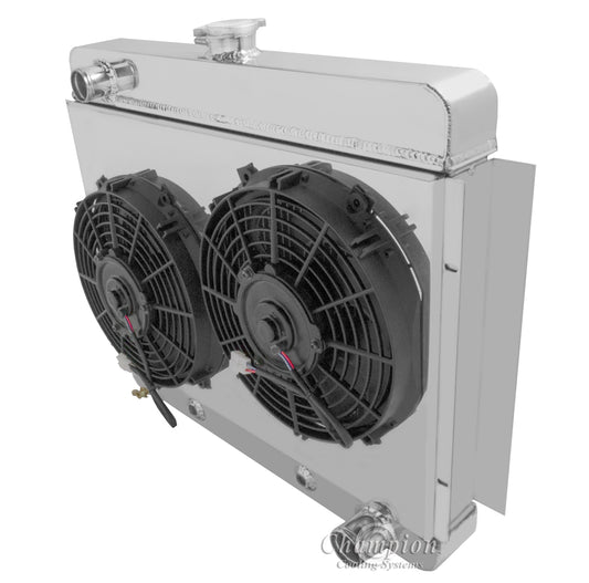 1966-1967 Chevy Nova 3-Row Radiator, Shroud, Dual Fan Combo - Champion Radiator