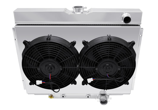 1967-1970 Ford Mustang 4-Row Radiator, Shroud, Dual Fan Combo - Pass Outlet - Champion Radiator