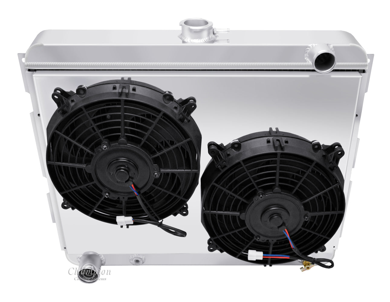 1970-1974 Plymouth Barracuda 4-Row Radiator, Shroud, Dual Fan Combo - Driver Outlet - Champion Radiator