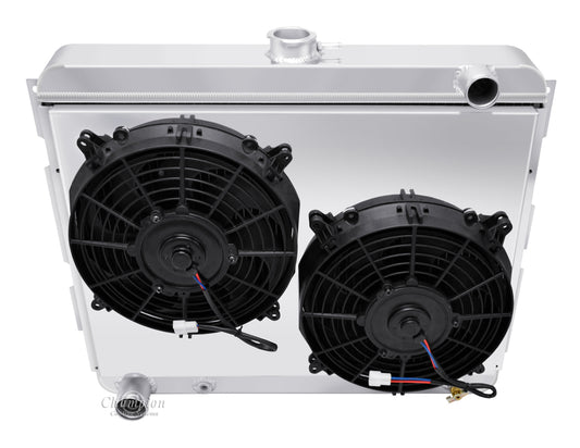 1970-1974 Plymouth Barracuda 4-Row Radiator, Shroud, Dual Fan Combo - Driver Outlet - Champion Radiator