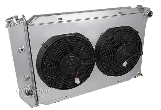 1971-1973 Ford Mustang 3-Row Radiator, Shroud, 12in Dual Fan Combo - Champion Radiator