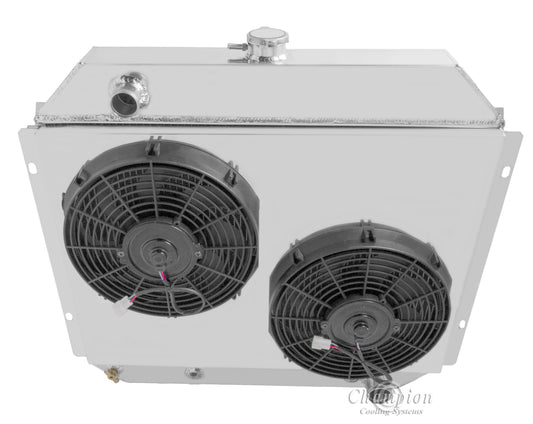 1978-1979 Ford Bronco 3-Row Radiator, Shroud, Dual Fan Combo - Chevy V8 - Champion Radiator