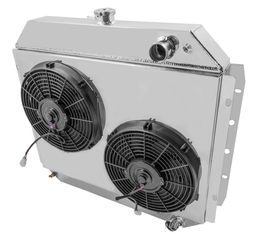 1965-1967 Ford Truck, F100 LS Swap 3-Row Radiator, Shroud, 12in Dual Fan Combo - Grille Side Mount - Champion Radiator